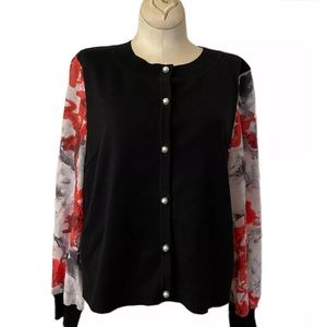 St. John Black Silk/Cashmere Knit Floral Sleeve Cardigan